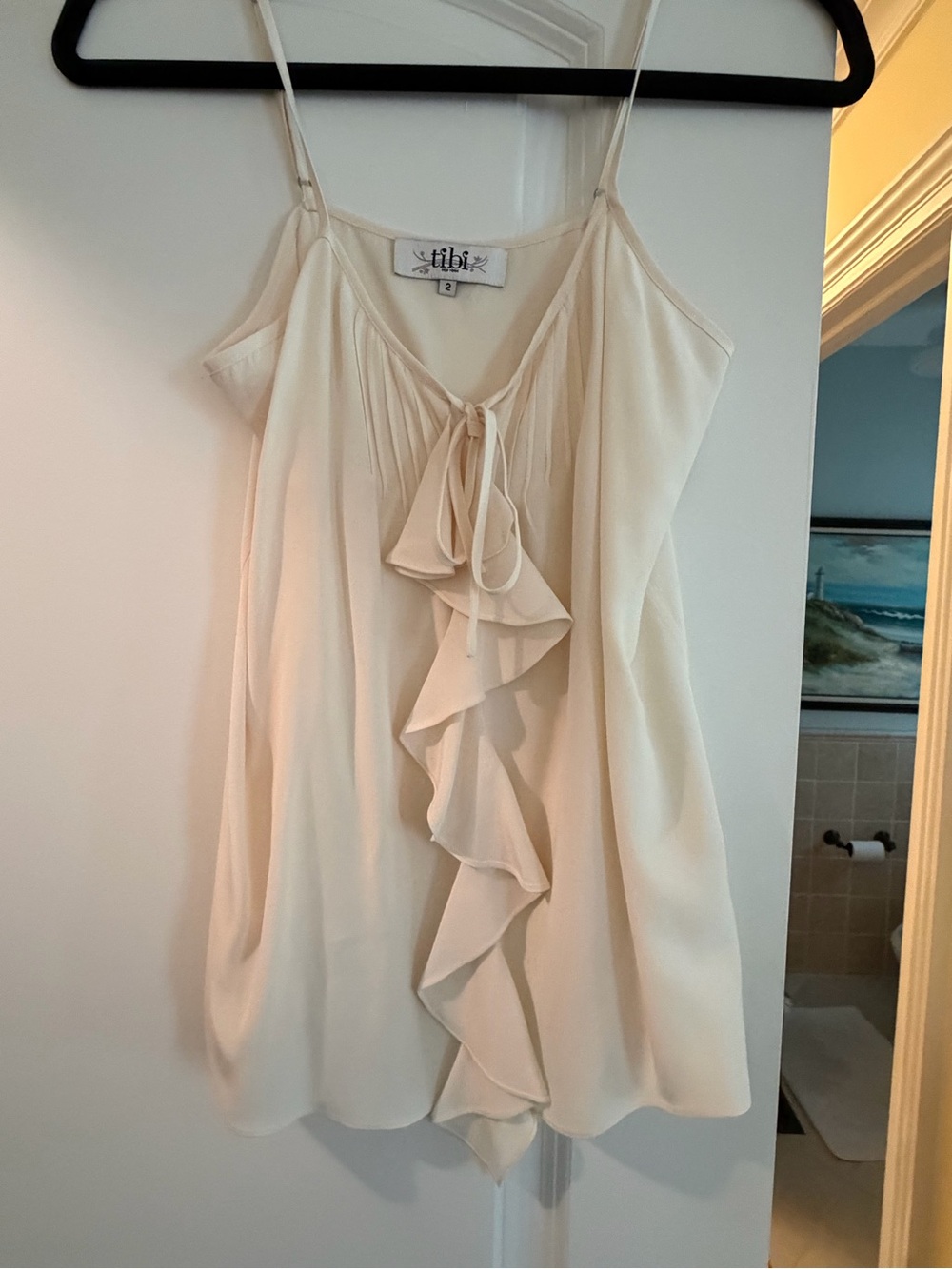 Tibi Cream Ruffle-Front Spaghetti Strap Camisole